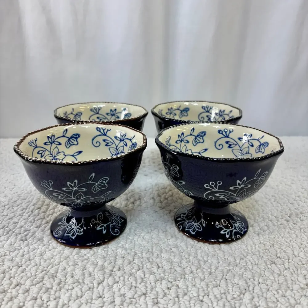 Temp-tations by Tara Floral Lace Blue Footed Parfait Dish Stoneware Set of 4